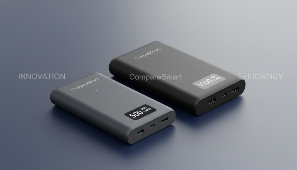 A realistic depiction of a "CompareSmart" power bank showcasing its capabilities of 5000 mAh and 10000 mAh. The foreground features two sleek models of the power banks, one highlighting the 5000 mAh variant and the other the 10000 mAh version, both with a modern, minimalist design in matte finish and rounded edges. In the middle, a soft gradient background transitions from light to dark, emphasizing the power banks' sleekness with soft, diffused lighting that casts gentle shadows. The angle is slightly elevated, revealing the USB ports and wireless charging features, creating a professional and clean look. The atmosphere embodies innovation and efficiency, tailored for tech-savvy users.
