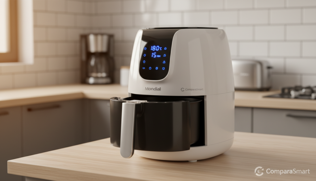 A realistic depiction of the "Fritadeira Mondial AFN-50-BI" air fryer, showcasing its sleek and modern design with a glossy white finish and a black digital front panel. The air fryer is placed prominently in the foreground on a contemporary kitchen counter with wooden textures. In the background, soft-focus kitchen appliances create a harmonious atmosphere. The lighting is warm and inviting, highlighting the product's features such as the easy-to-read digital display and a spacious cooking basket. Capture the scene from a slightly elevated angle to emphasize the air fryer's size and functionality. The overall mood should be cozy and family-friendly, suitable for illustrating advanced cooking technology. Add a subtle branding element, "ComparaSmart," integrated into the side of the image, ensuring a professional look without any text overlays or watermarks.