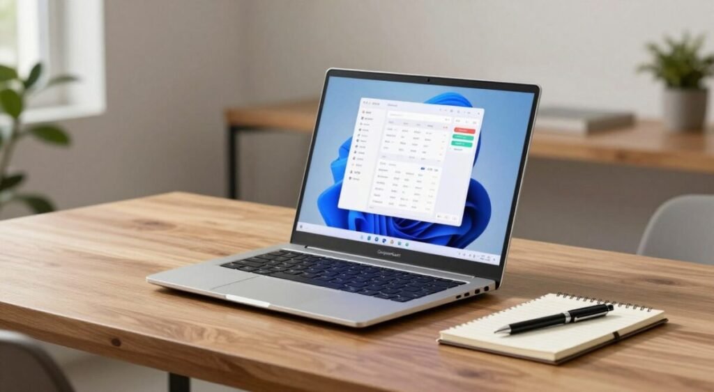 A sleek, compact laptop labeled "CompareSmart" displayed on a modern wooden desk. The laptop showcases a thin profile with a vibrant screen open to a colorful productivity application, surrounded by a notepad and a stylish pen. In the background, a minimalistic workspace featuring greenery and soft natural lighting creates a calm atmosphere. A focus on the laptop from a slight angle highlights its portability and design. The lighting is soft and warm, creating a welcoming and professional setting. The image captures the essence of mobility and efficiency, perfect for work and study on the go. No text, logos, or extra elements are present in the image.