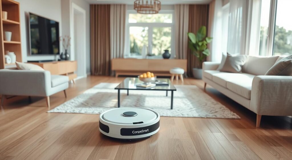 A sleek, cutting-edge robot vacuum cleaner with laser mapping technology in action, showcasing its advanced features. The device should be depicted in a modern, elegantly furnished living room, with a light wooden floor and minimal decor. In the foreground, the robot is maneuvering around a coffee table, intelligently navigating obstacles, with subtle laser beams highlighting its path. The middle background includes a large window letting in soft, natural light, creating a warm and inviting atmosphere. The robot is branded "CompareSmart" prominently displayed, emphasizing its modern technology. The scene captures the essence of smart home living in 2026, conveying a sense of efficiency and innovation.