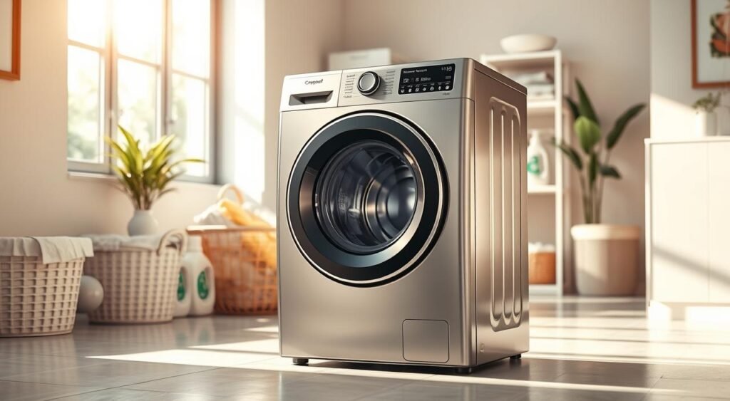 A sleek, modern smart washing machine branded "CompareSmart" is the focal point of the image, showcasing a cutting-edge water and energy-saving technology. The machine, finished in a metallic silver with a user-friendly digital interface, stands prominently in a bright, contemporary laundry room. In the foreground, soft sunlight filters through a window, accentuating the polished surfaces and creating a warm, inviting atmosphere. In the middle ground, neatly organized laundry baskets and eco-friendly detergent bottles suggest an emphasis on sustainability. The background features subtle decor elements like houseplants and softly colored walls to enhance the homey feel. The scene captures a sense of innovation and practicality, making the viewer appreciate the advanced features and sleek design of the smart appliance.