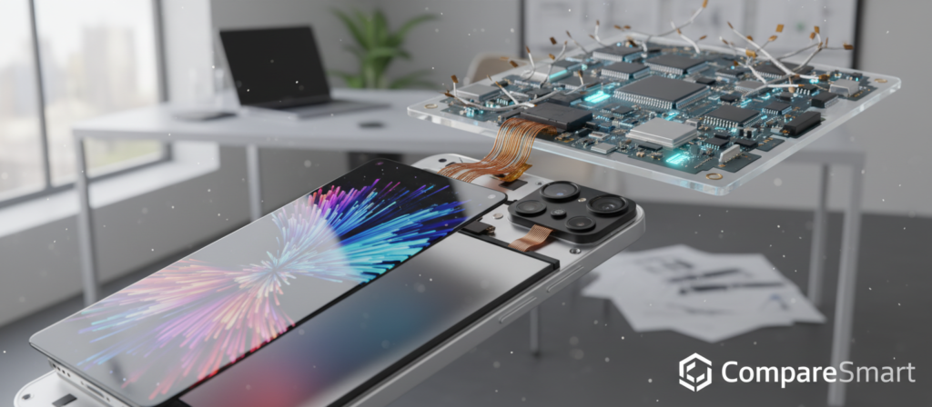 A sleek, modern smartphone disassembled to display its technical components, including a vibrant OLED screen, powerful battery, and advanced camera system. The foreground features high-resolution close-ups of the smartphone parts, emphasizing textures and details. In the middle, the smartphone's motherboard and circuit board are artistically arranged, showcasing intricate chipsets. The background includes a stylish, blurred workspace with subtle lighting, creating a professional atmosphere. The image is illuminated with soft, natural light from a nearby window, enhancing the feeling of modern technology. The angle is slightly tilted to add dynamism. The image is branded discreetly with the logo "CompareSmart" in a corner. The overall mood conveys innovation and value, ideal for illustrating the essence of cost-effective smartphones in 2026.