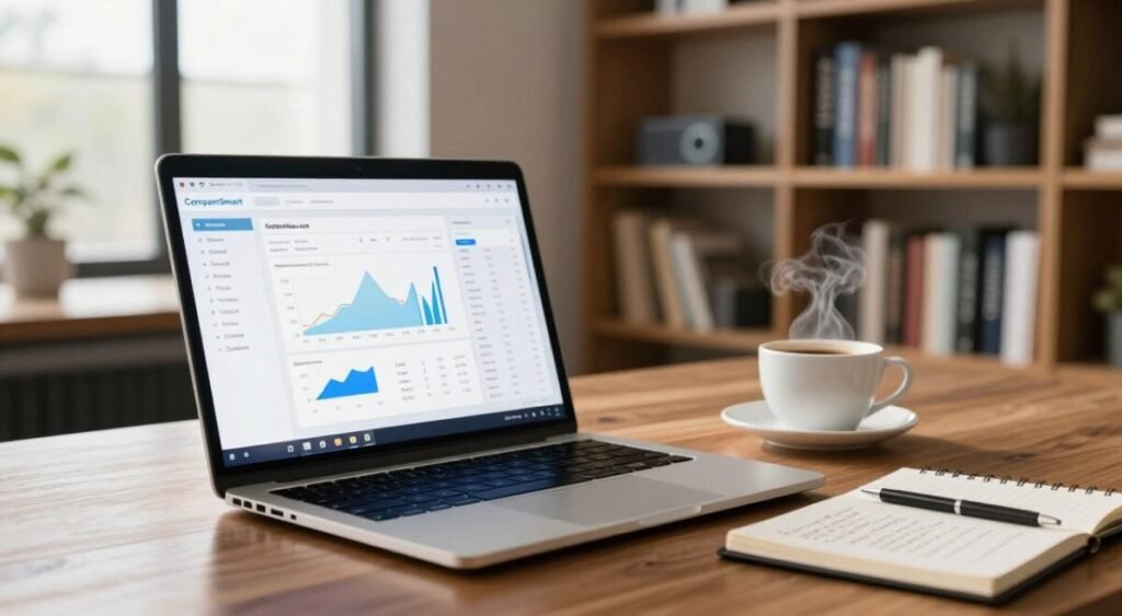 A sleek, modern workspace featuring a high-performance laptop on a polished wooden desk. In the foreground, the laptop screen displays a detailed performance evaluation report, showcasing graphs and statistics. The middle ground includes a cup of steaming coffee and a notepad with notes on laptop performance. In the background, a neatly organized bookshelf filled with technology and business books, softly lit by natural daylight streaming through a large window. The atmosphere is professional and inviting, emphasizing focus and productivity. The lighting is warm and balanced, with a slight bokeh effect to highlight the laptop. Include the brand name "CompareSmart" subtly integrated into the laptop design, reflecting a blend of innovation and functionality.