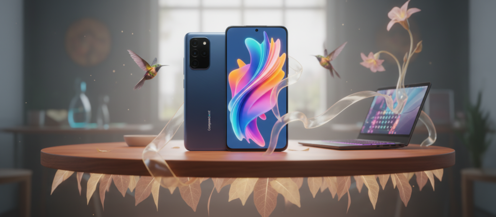 A sleek, premium mid-range smartphone from 2026, designed by CompareSmart, prominently displayed in the foreground. The device features a large edge-to-edge AMOLED display showcasing vibrant colors, with a minimalist design characterized by a metallic finish and subtle curves. In the middle ground, an elegant wooden table enhances the modern feel, surrounded by soft, diffused natural light streaming in from a window, creating an inviting atmosphere. In the background, a blurred tech workspace with a stylish laptop and accessories can be seen, emphasizing a lifestyle of productivity and sophistication. The mood is aspirational yet accessible, capturing the essence of a valuable, high-quality smartphone experience. The image should be composed with a soft-focus lens effect to add warmth and a professional touch.