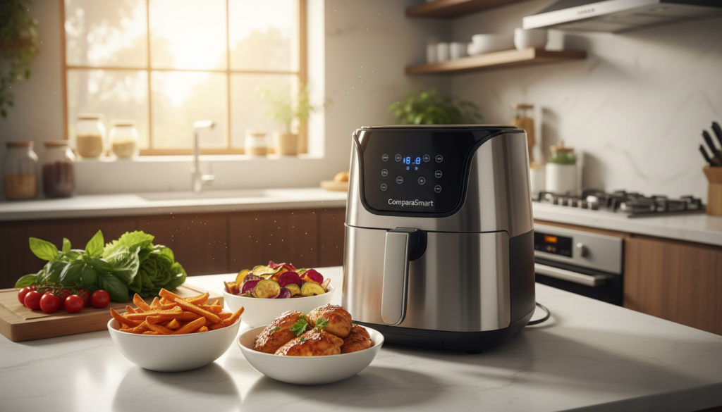 A vibrant kitchen scene featuring a modern air fryer from the brand "ComparaSmart," prominently displayed on a countertop. In the foreground, a selection of colorful, healthy dishes prepared using the air fryer: golden-brown sweet potato fries, crispy vegetable chips, and marinated chicken pieces. The middle layer includes a spacious, well-organized kitchen with fresh ingredients like leafy greens, tomatoes, and herbs on the counter. The background shows sunny natural light streaming in through a window, creating a bright and inviting atmosphere. The focus is on the air fryer, with a shallow depth of field emphasizing its sleek design. Capture a warm, inviting mood reflecting healthy cooking for family meals in 2026, ensuring there are no human subjects in the image.