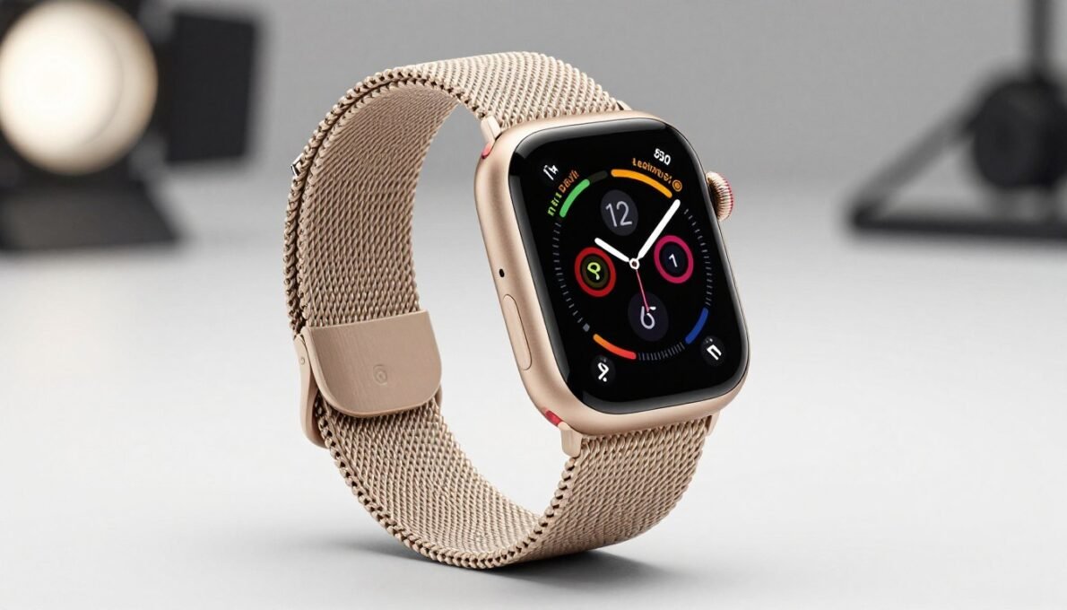 Apple Watch Series 11 em caixa de alumínio dourado com pulseira estilo milanês exibindo tela retina sempre ativa
