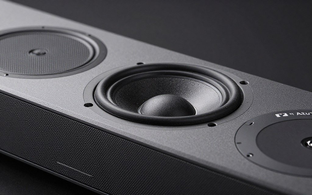 Close-up de alto-falantes direcionados para cima em soundbar Dolby Atmos