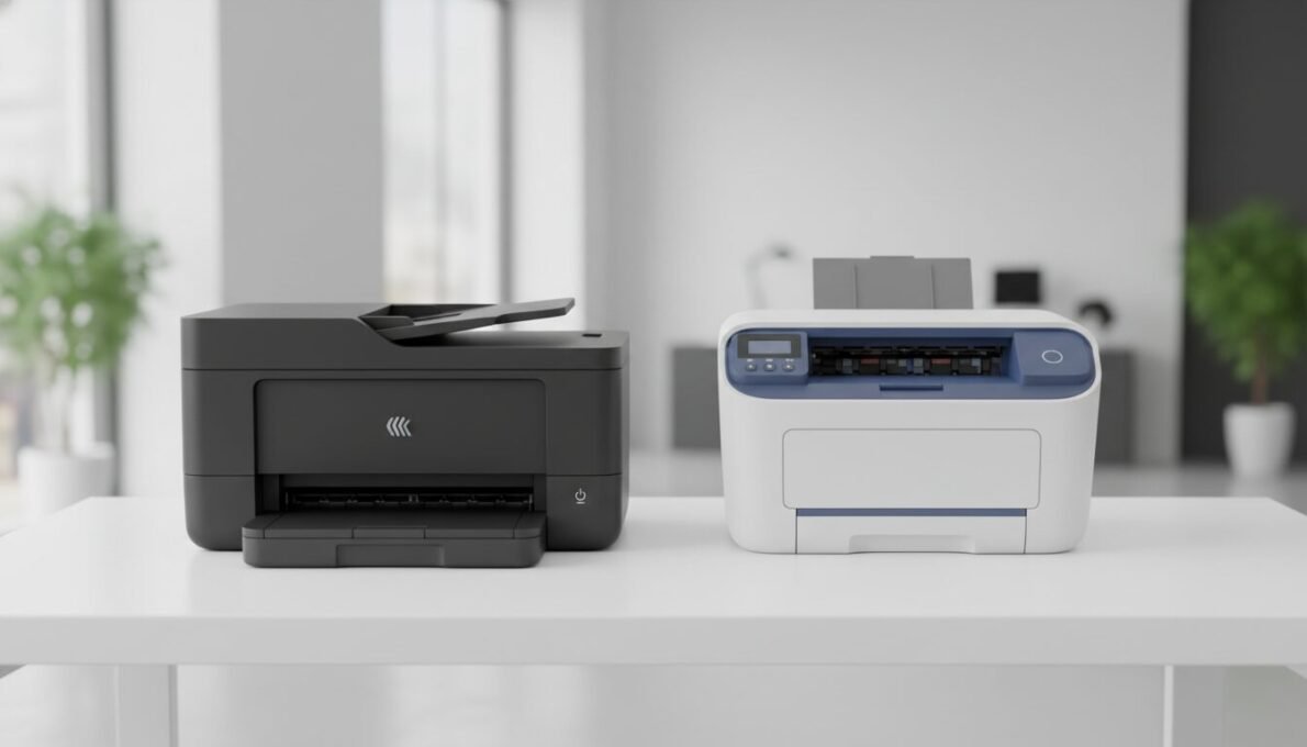 Comparação visual entre impressora laser vs jato de tinta mostrando os dois tipos lado a lado