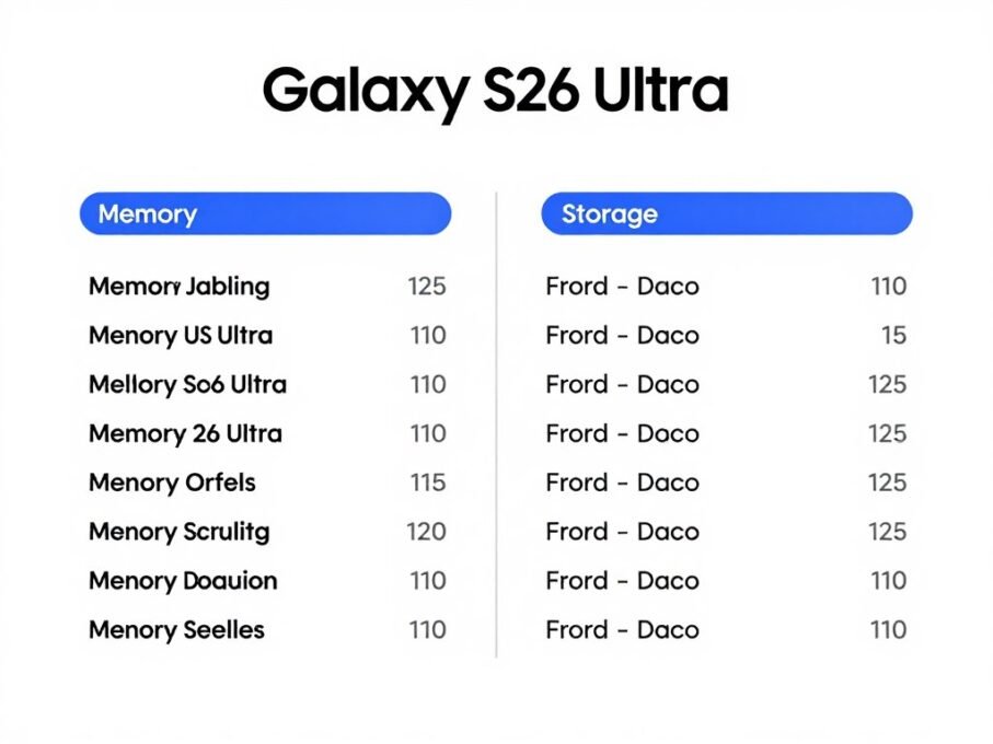 Diagrama mostrando opções de memória do Samsung Galaxy S26 Ultra