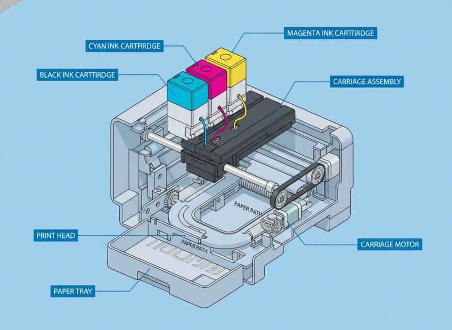 Diagrama técnico mostrando funcionamento interno de impressora jato tinta com cartuchos
