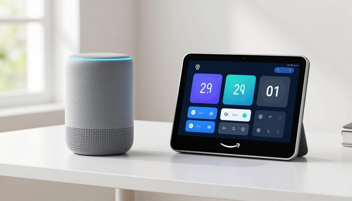Echo Show 8 vs Google Nest Hub side by side comparison on modern desk