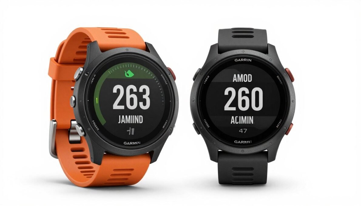 Garmin Forerunner 265 com tela AMOLED exibindo métricas de corrida em primeiro plano