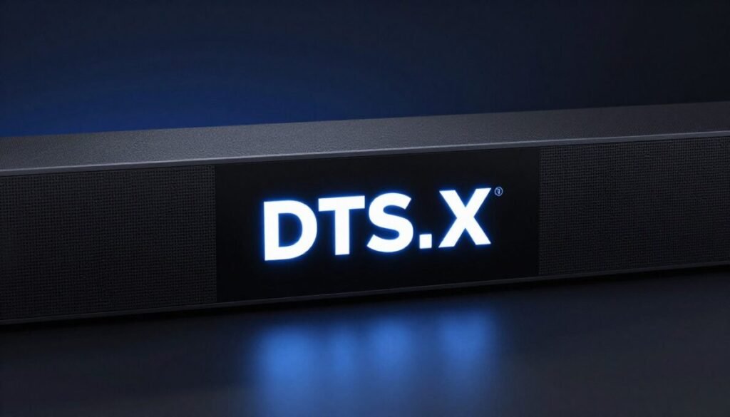 Logo DTS:X em display de soundbar moderna