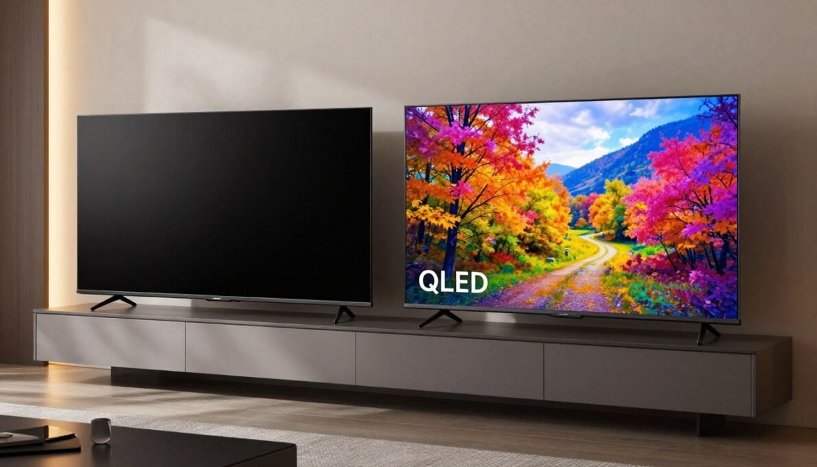 OLED vs QLED TV comparison showing two premium televisions side by side displaying vibrant content