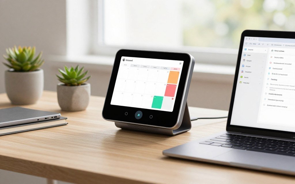 Professional working from home using Google Nest Hub for schedule management