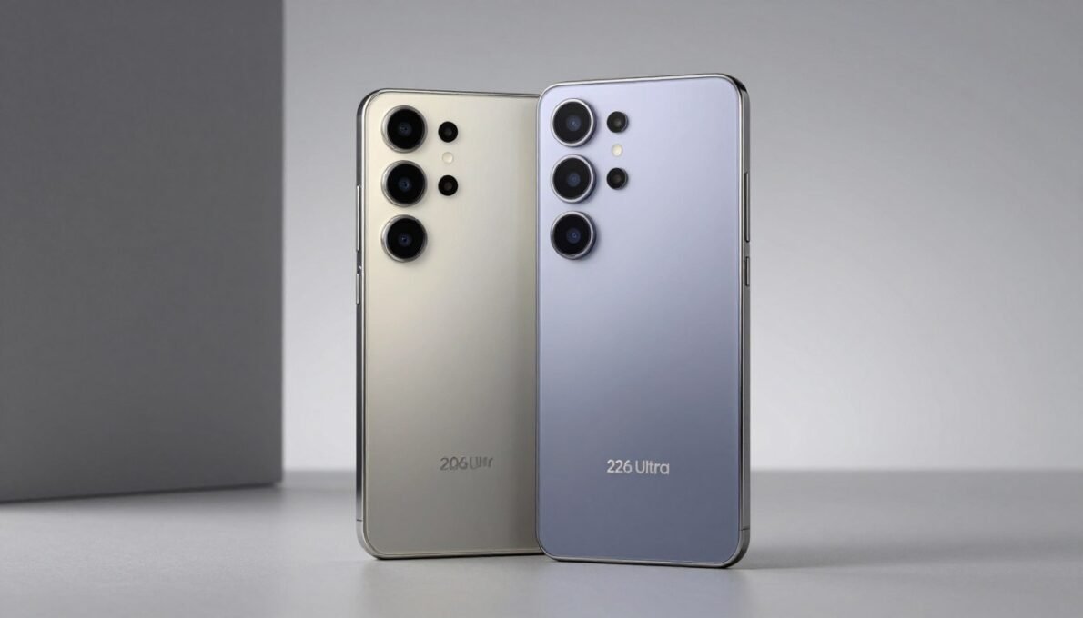 Samsung Galaxy S26 Ultra 2026 vista frontal e traseira mostrando design premium