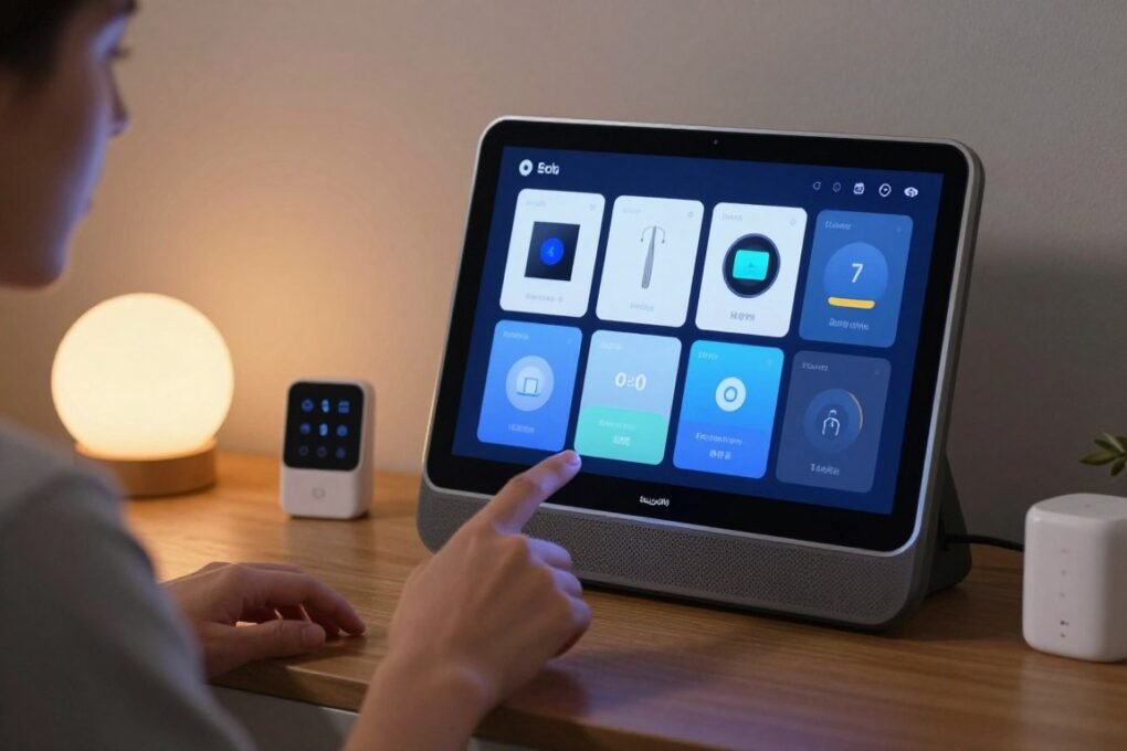 Smart home enthusiast controlling multiple devices through Echo Show 8