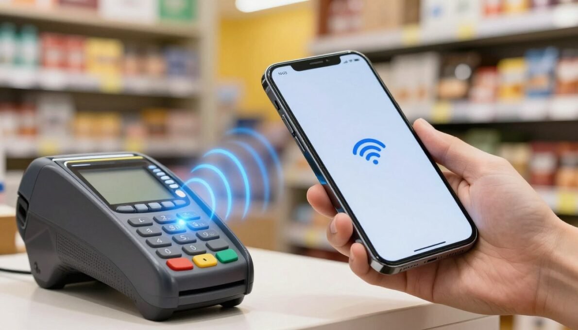 Smartphone realizando pagamento NFC em terminal de pagamento