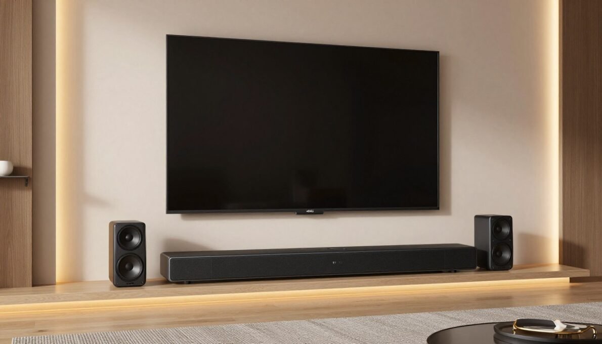 Soundbar moderna com Dolby Atmos instalada em sala de estar com TV de tela grande