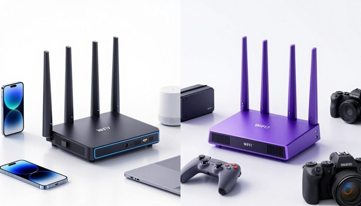 Wi-Fi 6 vs Wi-Fi 7 comparison showing modern routers and wireless devices