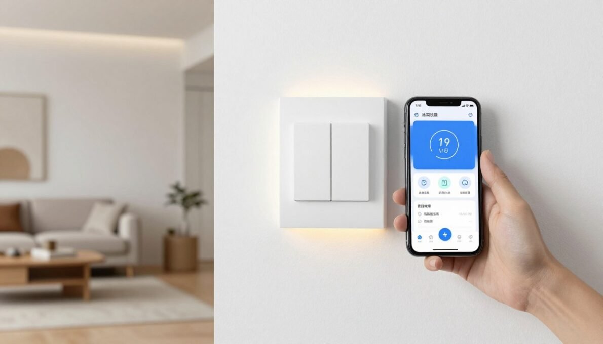 interruptor inteligente moderno instalado em parede com controle por smartphone