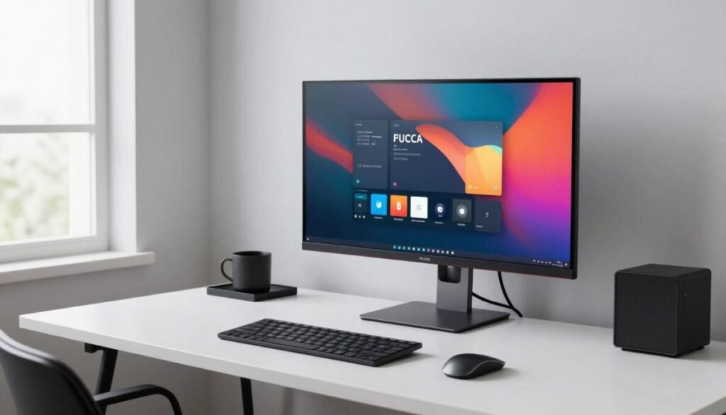 mesa de trabalho moderna com setup completo incluindo monitor de alta qualidade