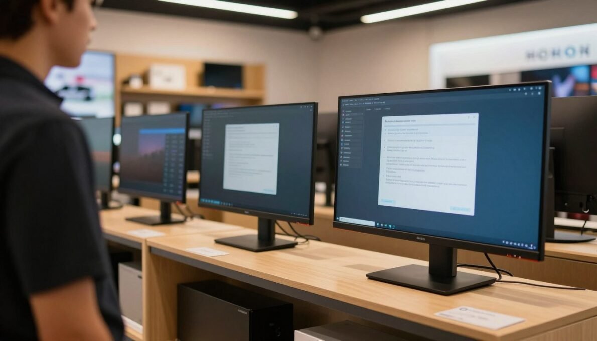 pessoa analisando diferentes monitores em loja de eletrônicos comparando especificações técnicas